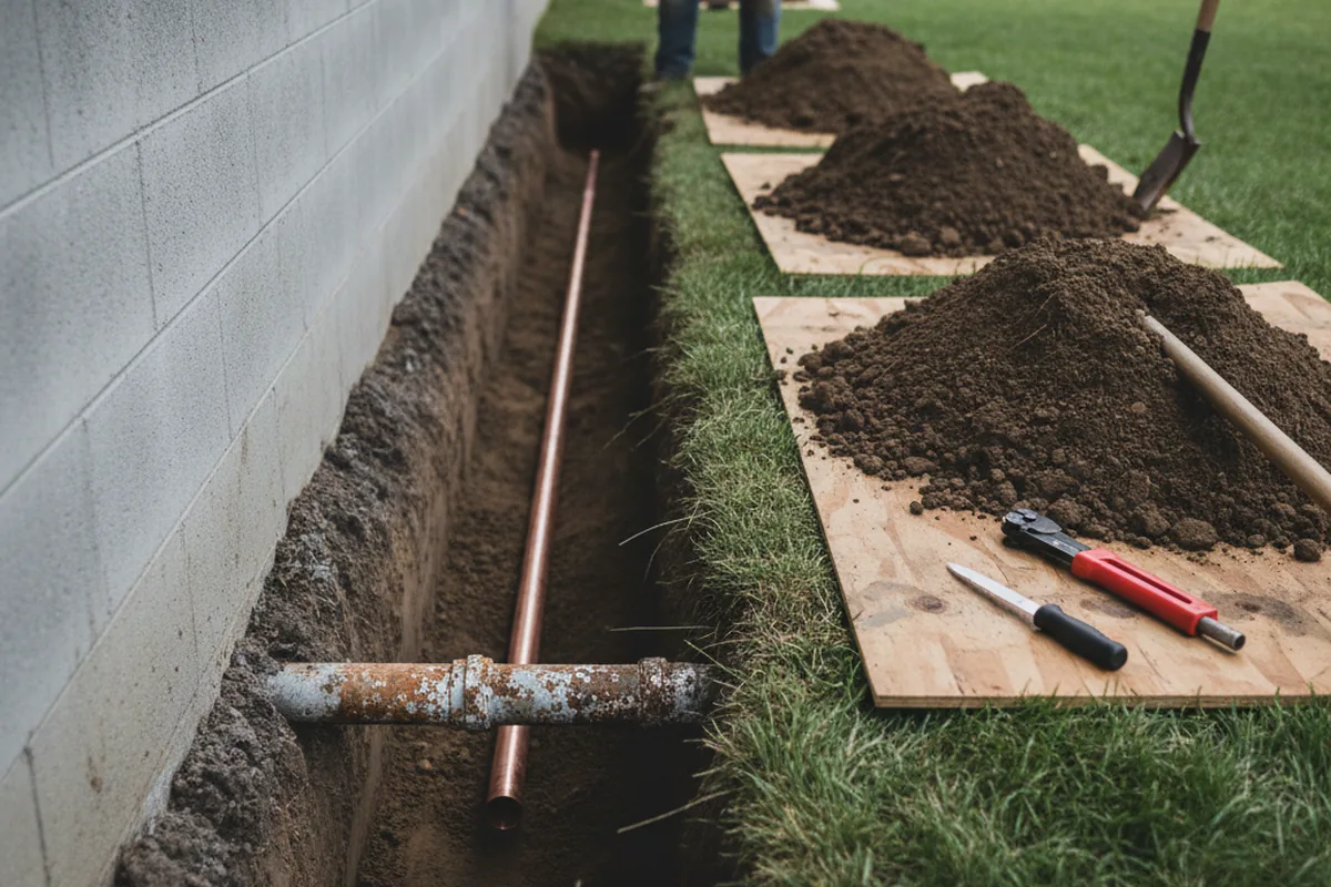 Excavated water line trench during Water Heater Repair in Alto